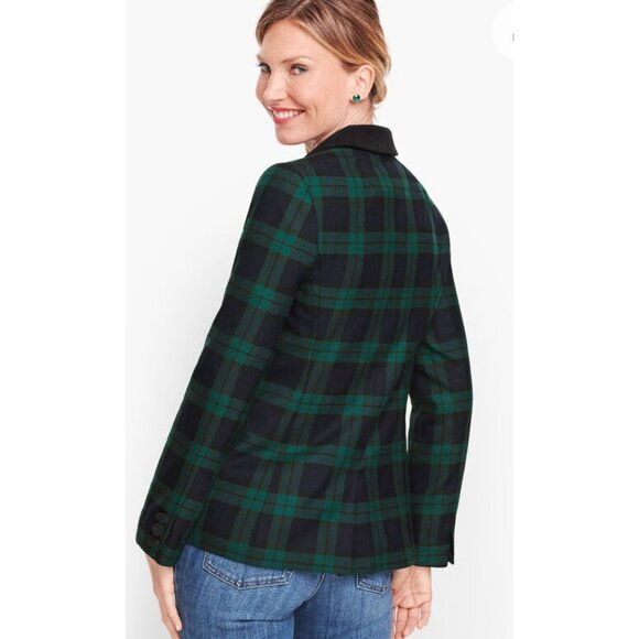Talbots Blazer Jacket 14 P Petite Wool Blend Tartan Green Navy Plaid Velvet Trim - Picture 3 of 9
